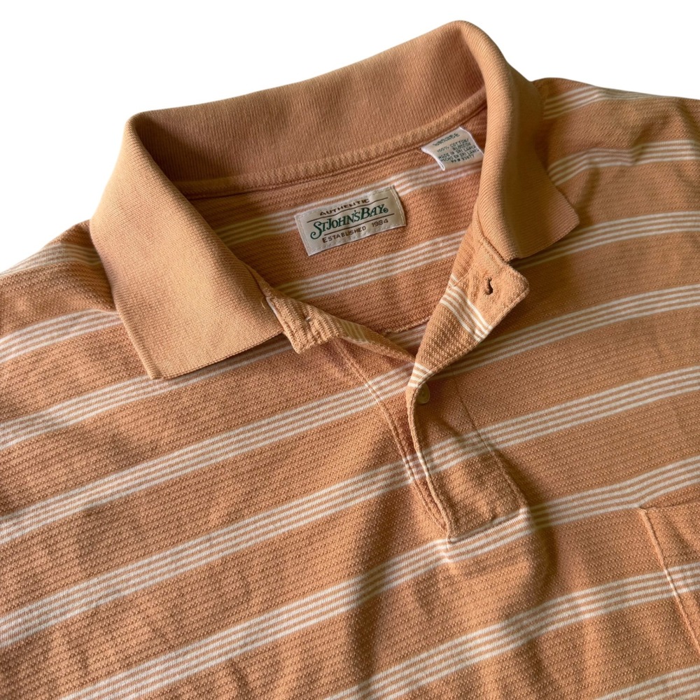 St Johns Bay Mens Large Orange Striped Short Sleeve L Cotton Polo Shirt Pocket - Picture 3 of 7